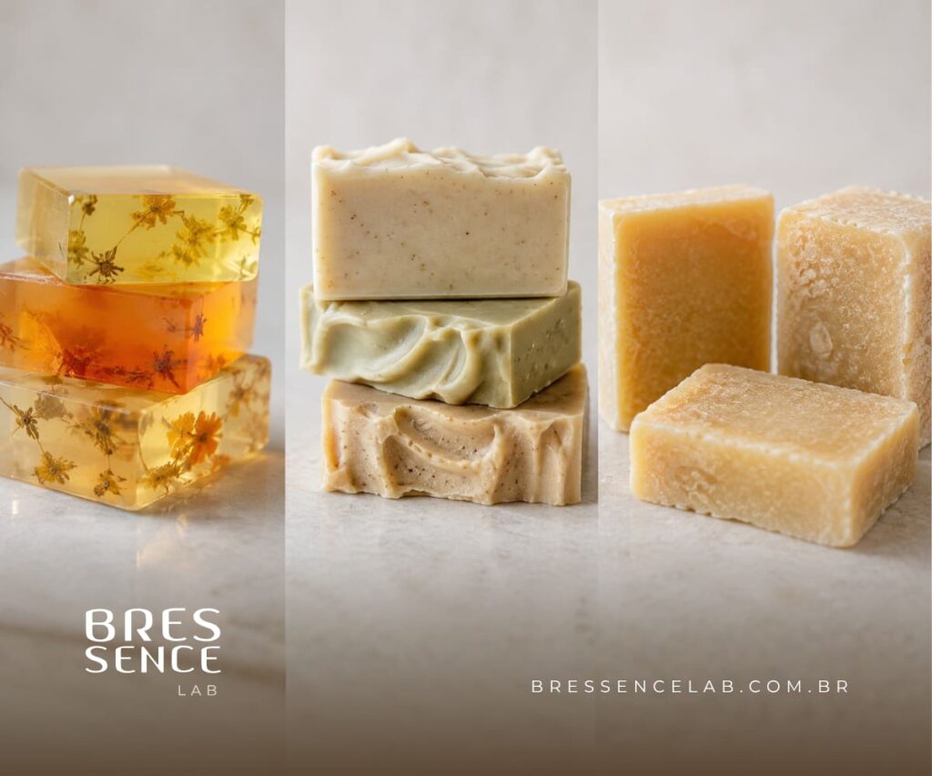 Três tipos de sabonete, cold process, base glicerinada e hot process